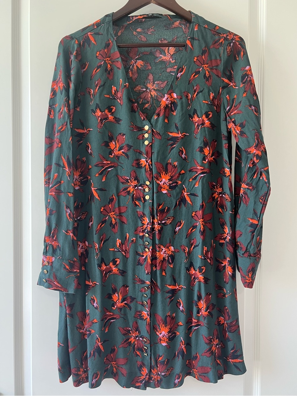 Madewell Floral Button Down Dress Green Red Long Sleeve V Neck Mini Shacket L